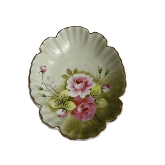 Vtg Lefton Hand Painted Green Rose Heritage Cabbage Rose 1860 Trinket Dish - Picture 1 of 4